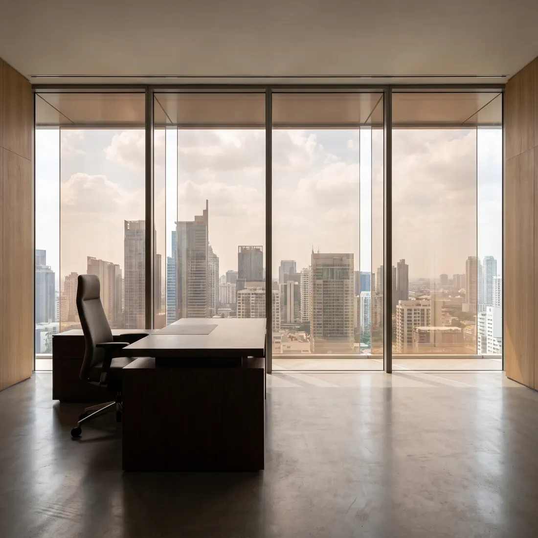 Bureau vu de l'intérieur derrière une façade vitrée traitée en film solaire